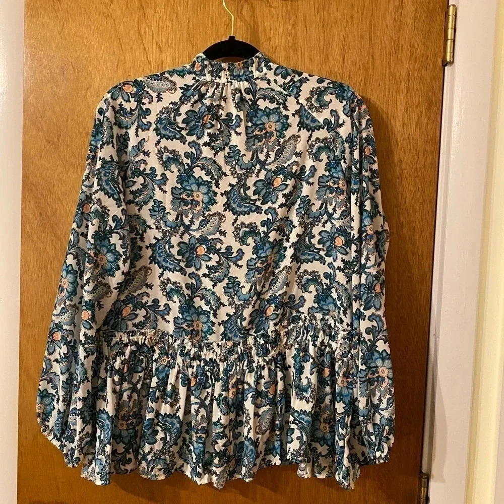 Loft Floral Ruffle Tie V-Neck Long Sleeve Top Size M - Picture 2 of 7